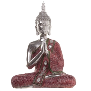Buddha 332R siddende sølv og rødfarvet h:28cm